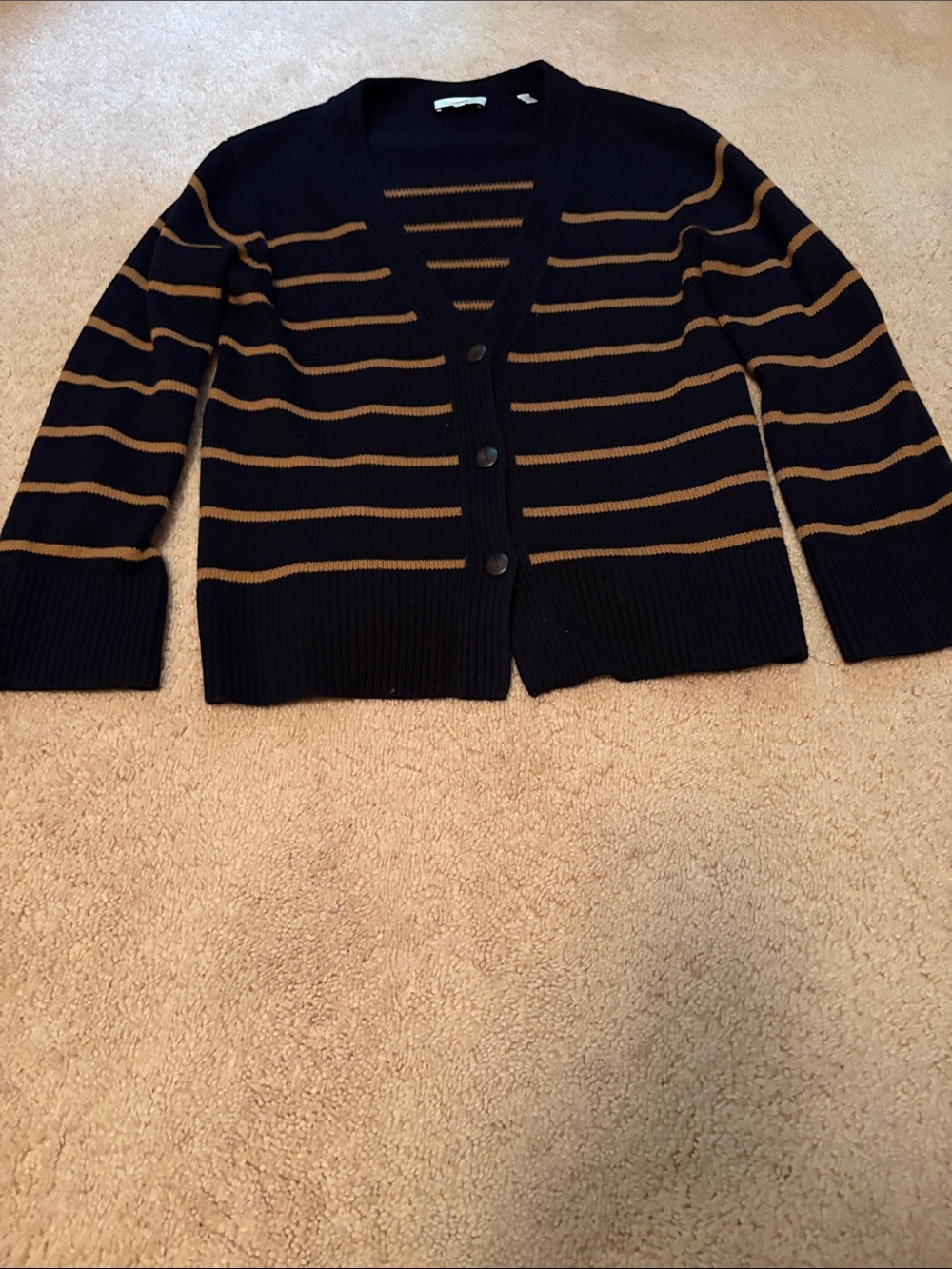 Vince Striped V-Neck Button Cardigan Sweater - Navy & Camel